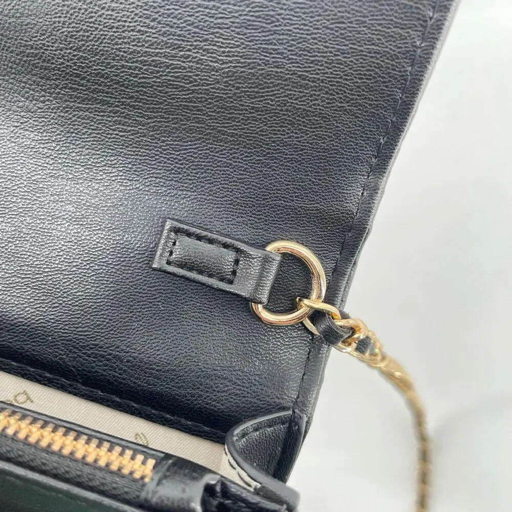Bebe Yara Woven Vegan Leather Crossbody Bag Black Gold Chain NWT